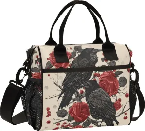 Adult Lunch Box Insulated Lunch Bag Crows in Red Roses Large Cooler Tote Bag for Work Picnic or Travel with Adjustable Shoulder Strap
