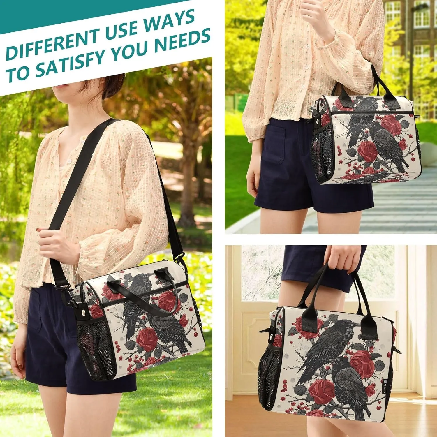 Adult Lunch Box Insulated Lunch Bag Crows in Red Roses Large Cooler Tote Bag for Work Picnic or Travel with Adjustable Shoulder Strap