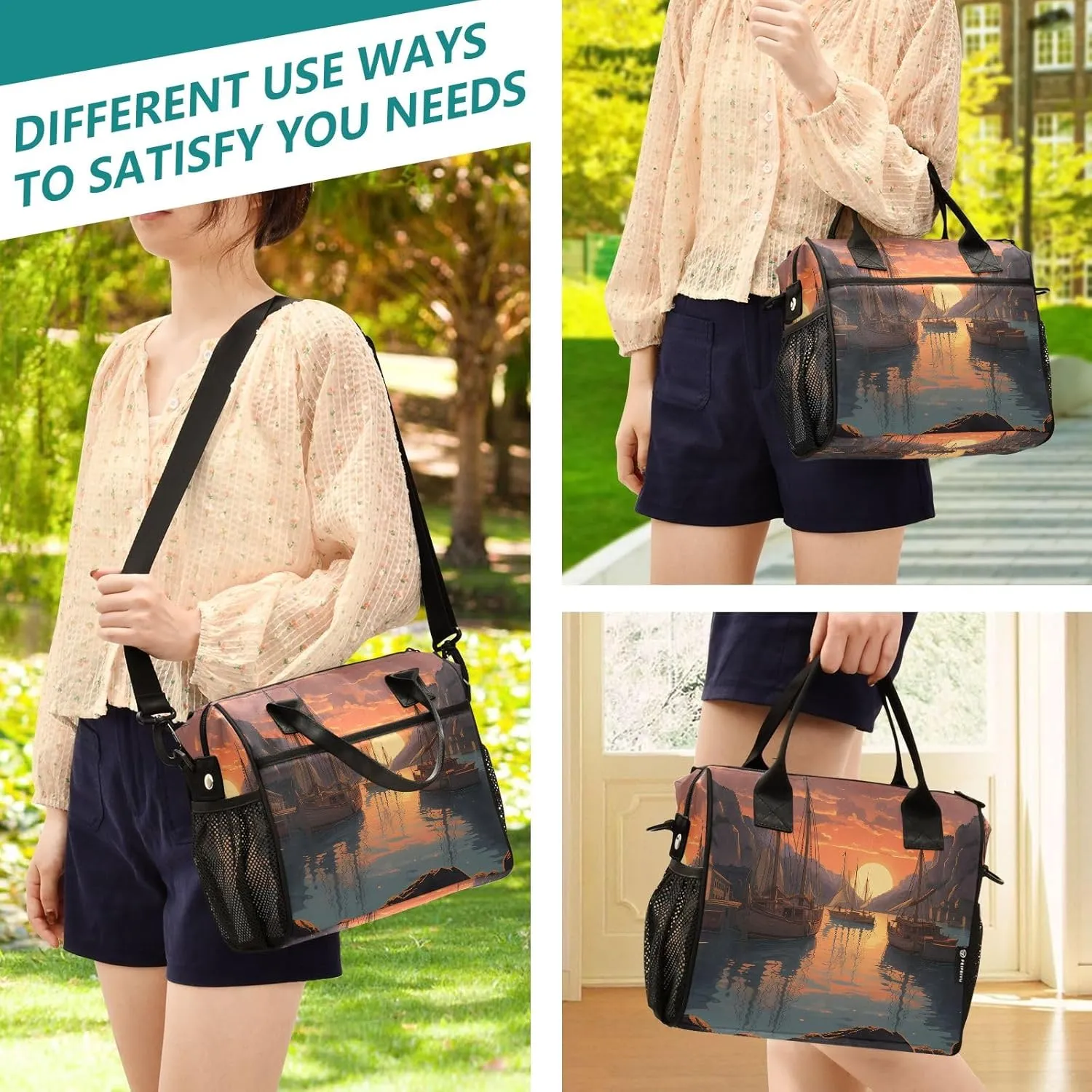 Adult Lunch Box Insulated Lunch Bag Harbor Sunset View Large Cooler Tote Bag for Work Picnic or Travel with Adjustable Shoulder Strap