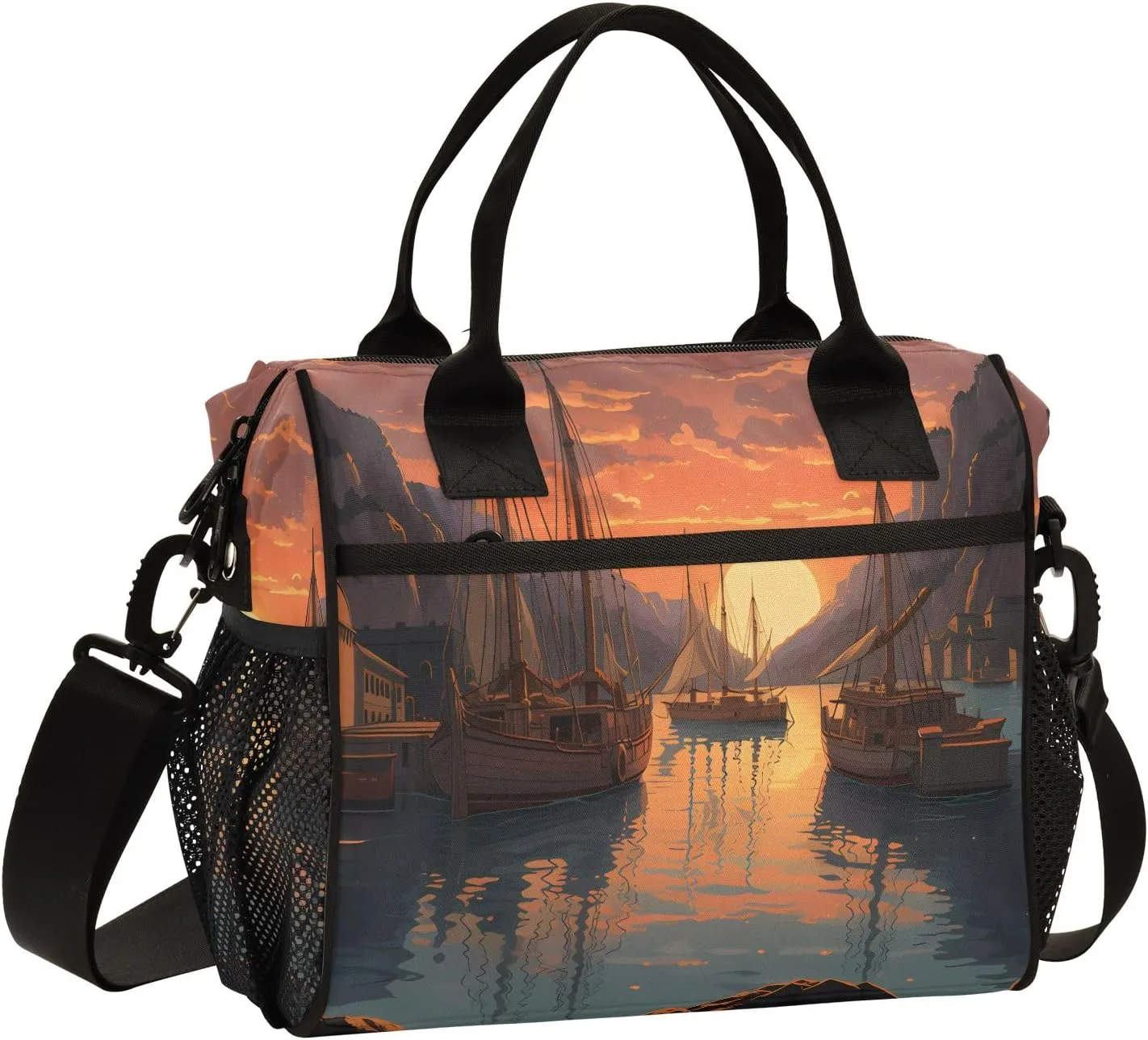 Adult Lunch Box Insulated Lunch Bag Harbor Sunset View Large Cooler Tote Bag for Work Picnic or Travel with Adjustable Shoulder Strap