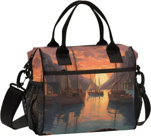 Adult Lunch Box Insulated Lunch Bag Harbor Sunset View Large Cooler Tote Bag for Work Picnic or Travel with Adjustable Shoulder Strap
