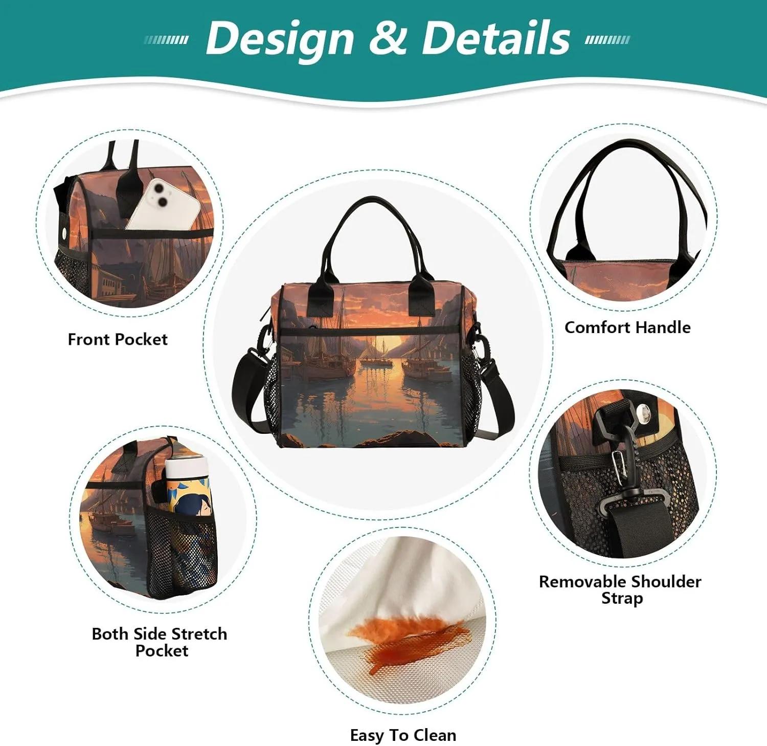 Adult Lunch Box Insulated Lunch Bag Harbor Sunset View Large Cooler Tote Bag for Work Picnic or Travel with Adjustable Shoulder Strap