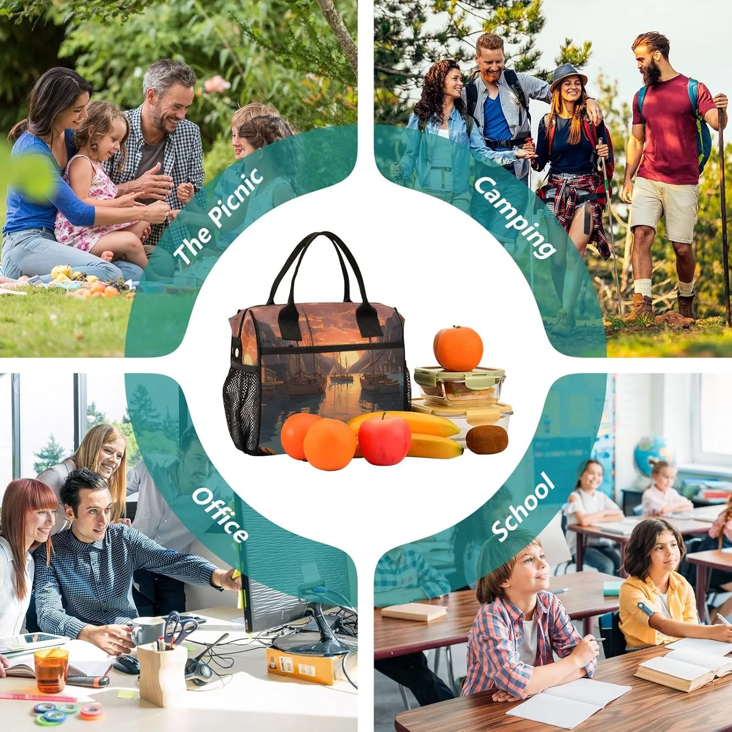 Adult Lunch Box Insulated Lunch Bag Harbor Sunset View Large Cooler Tote Bag for Work Picnic or Travel with Adjustable Shoulder Strap
