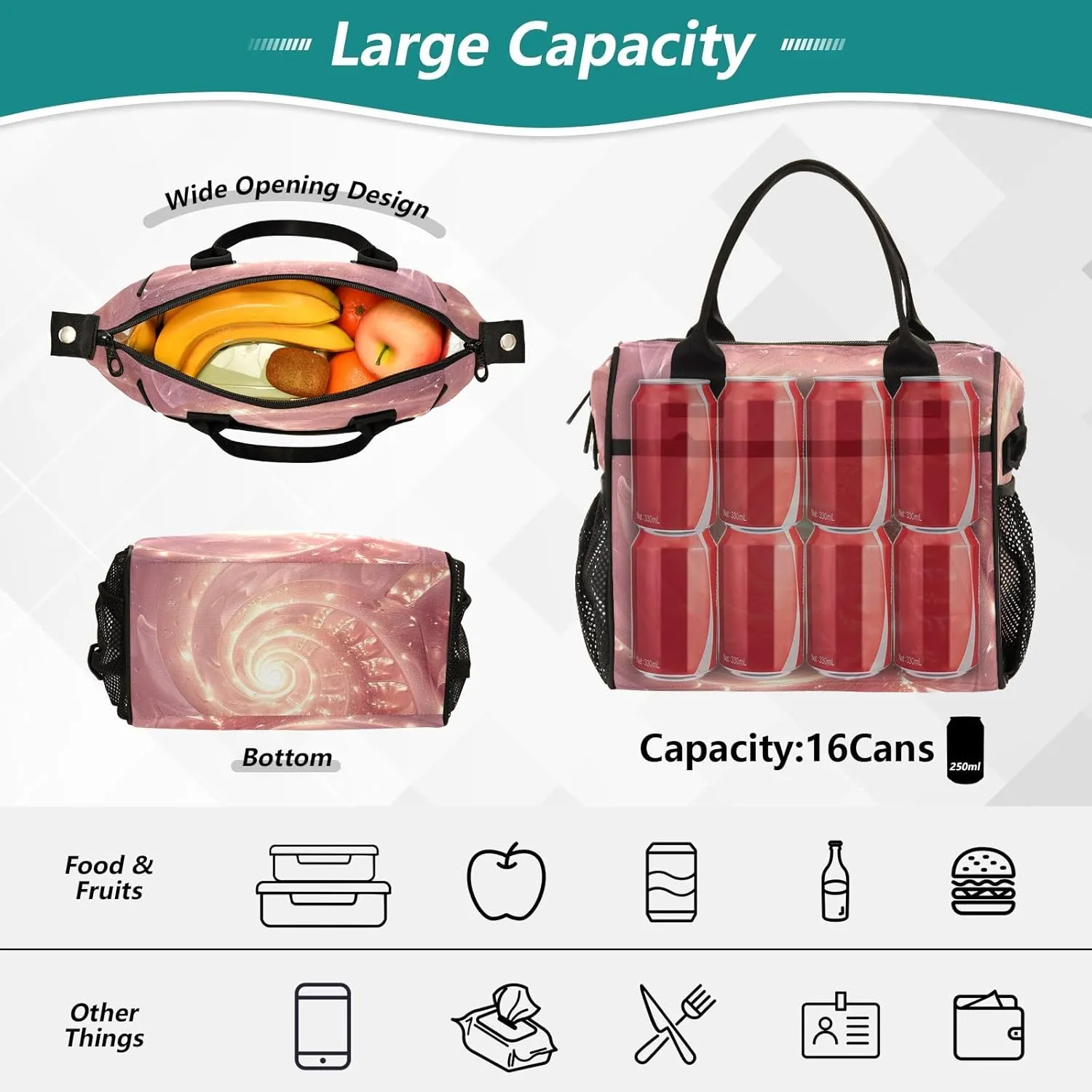 Adult Lunch Box Insulated Lunch Bag Illuminated Rose Fire Large Cooler Tote Bag for Work Picnic or Travel with Adjustable Shoulder Strap