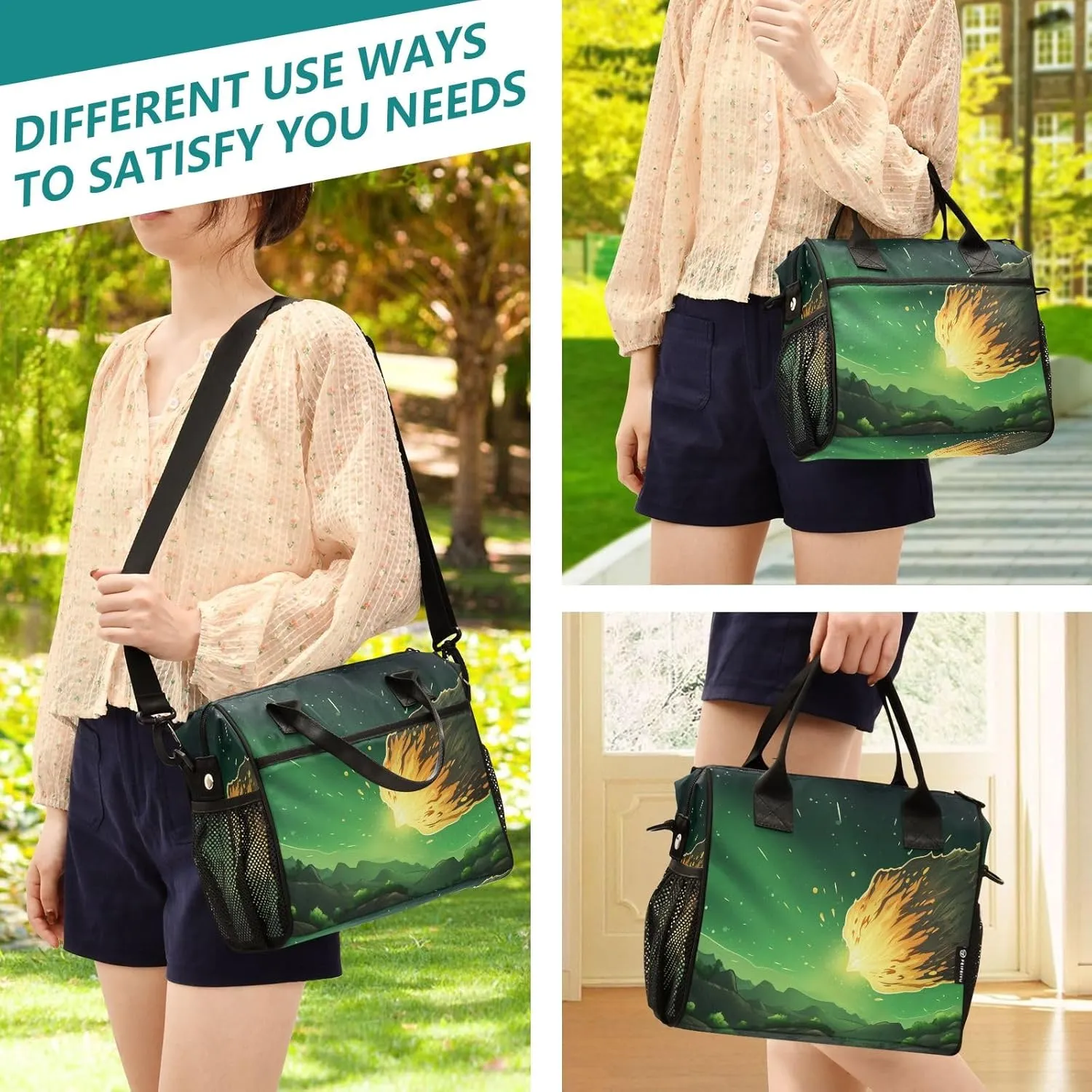Adult Lunch Box Insulated Lunch Bag Meteor in Green Sky Large Cooler Tote Bag for Work Picnic or Travel with Adjustable Shoulder Strap