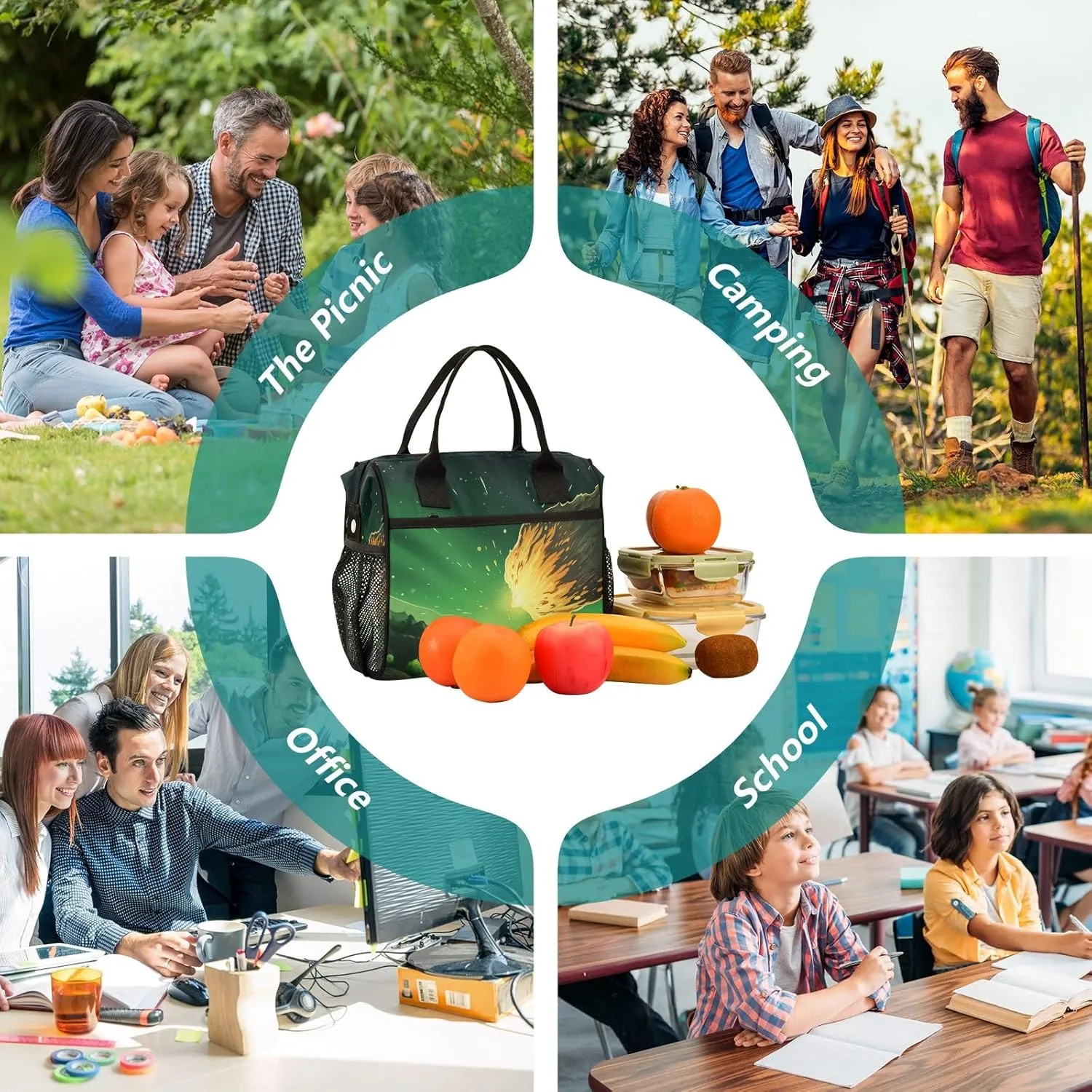 Adult Lunch Box Insulated Lunch Bag Meteor in Green Sky Large Cooler Tote Bag for Work Picnic or Travel with Adjustable Shoulder Strap