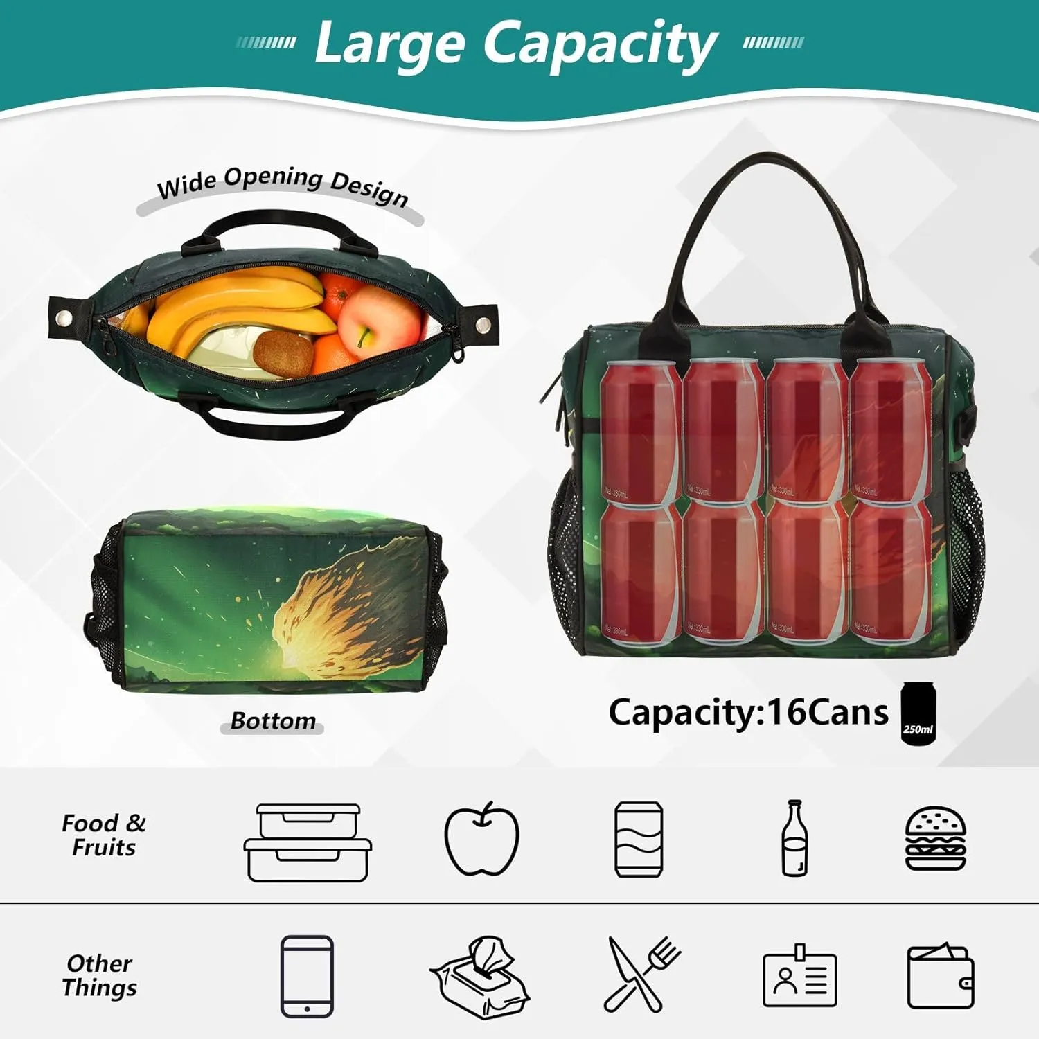 Adult Lunch Box Insulated Lunch Bag Meteor in Green Sky Large Cooler Tote Bag for Work Picnic or Travel with Adjustable Shoulder Strap