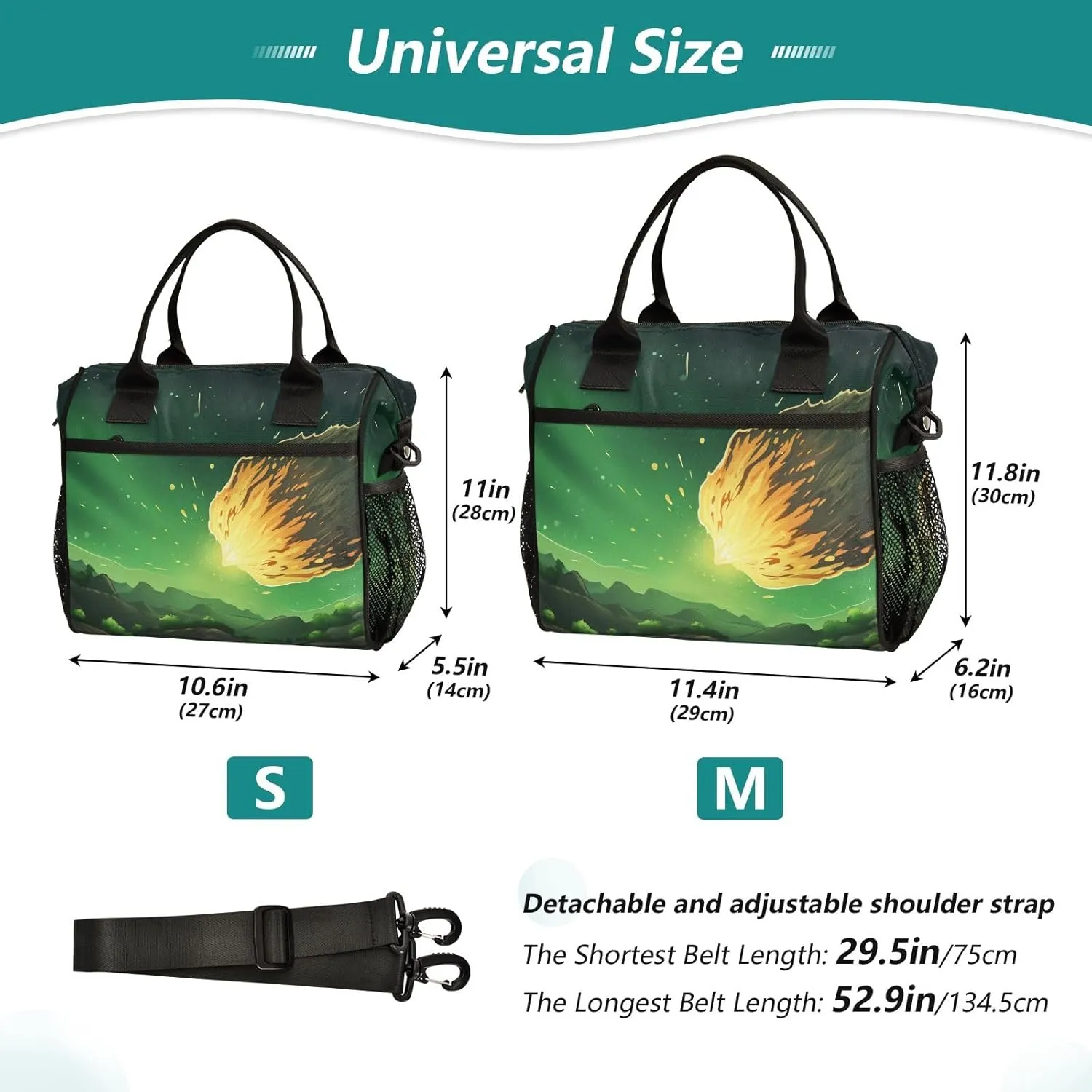 Adult Lunch Box Insulated Lunch Bag Meteor in Green Sky Large Cooler Tote Bag for Work Picnic or Travel with Adjustable Shoulder Strap