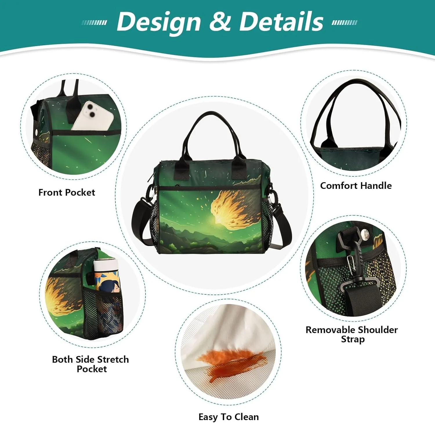 Adult Lunch Box Insulated Lunch Bag Meteor in Green Sky Large Cooler Tote Bag for Work Picnic or Travel with Adjustable Shoulder Strap