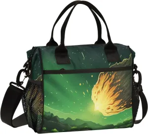 Adult Lunch Box Insulated Lunch Bag Meteor in Green Sky Large Cooler Tote Bag for Work Picnic or Travel with Adjustable Shoulder Strap