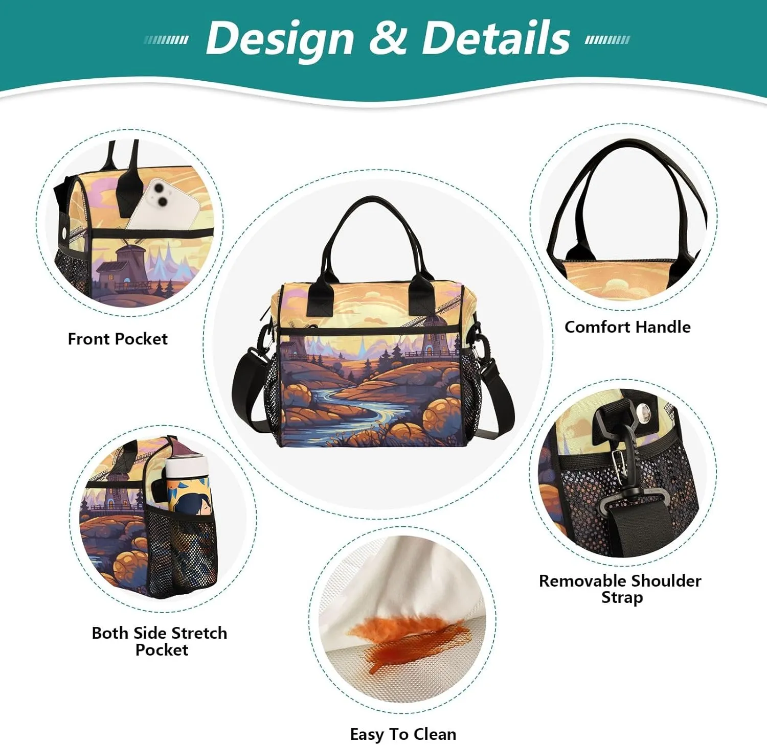 Adult Lunch Box Insulated Lunch Bag Windmill by The River Side Large Cooler Tote Bag for Work Picnic or Travel with Adjustable Shoulder Strap
