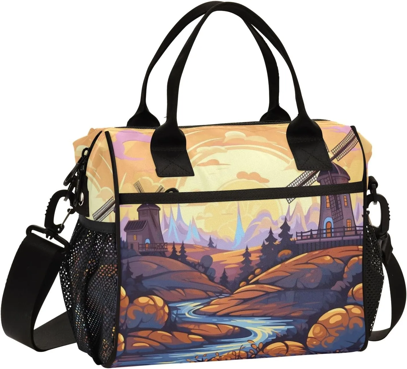 Adult Lunch Box Insulated Lunch Bag Windmill by The River Side Large Cooler Tote Bag for Work Picnic or Travel with Adjustable Shoulder Strap