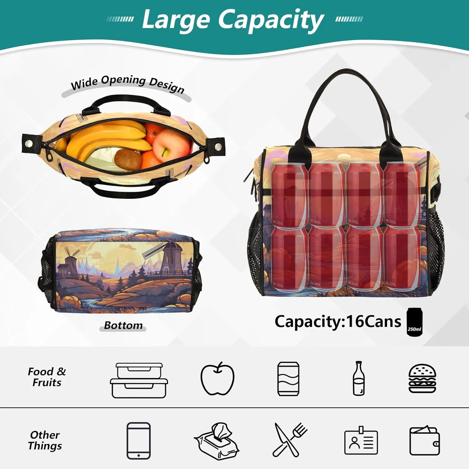 Adult Lunch Box Insulated Lunch Bag Windmill by The River Side Large Cooler Tote Bag for Work Picnic or Travel with Adjustable Shoulder Strap