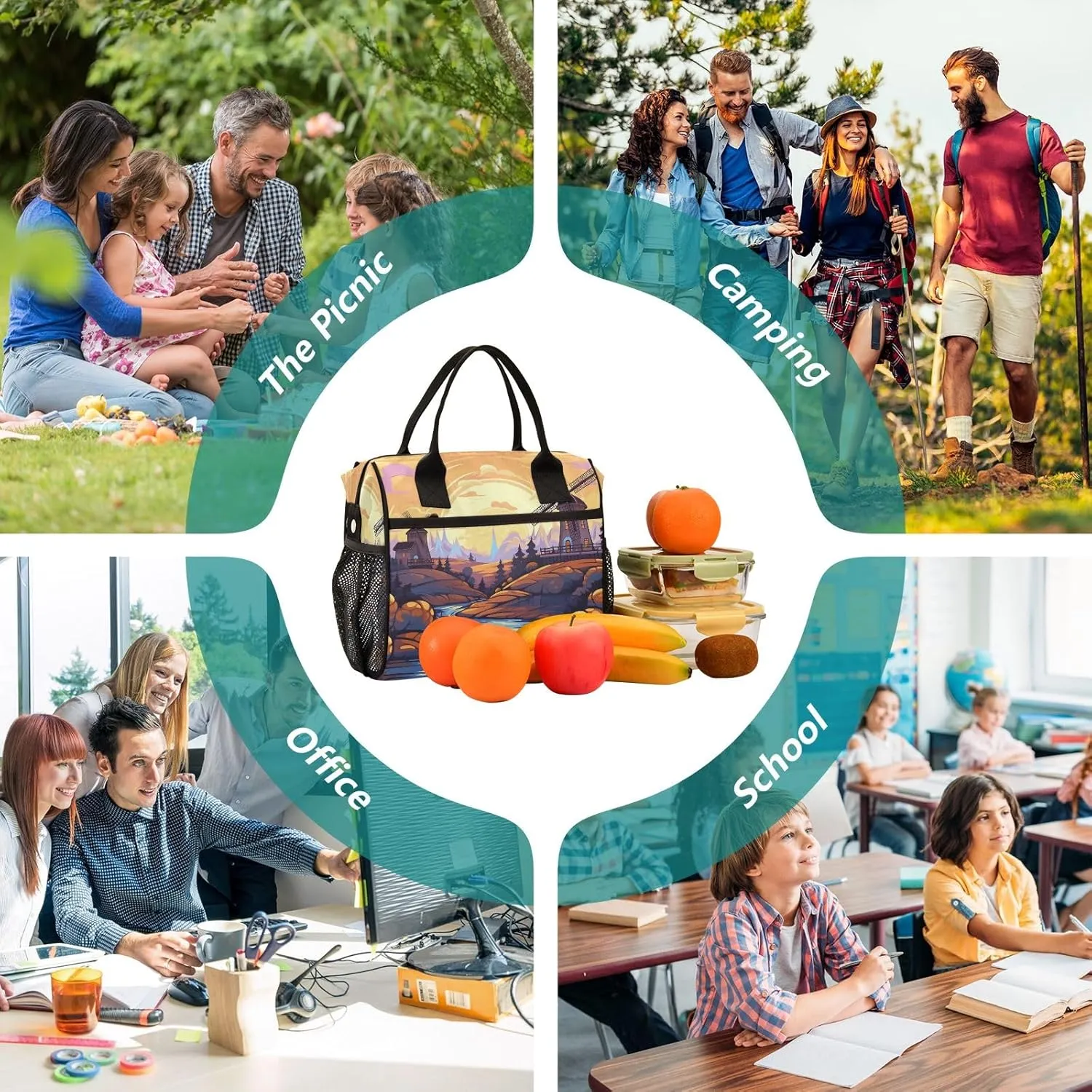 Adult Lunch Box Insulated Lunch Bag Windmill by The River Side Large Cooler Tote Bag for Work Picnic or Travel with Adjustable Shoulder Strap