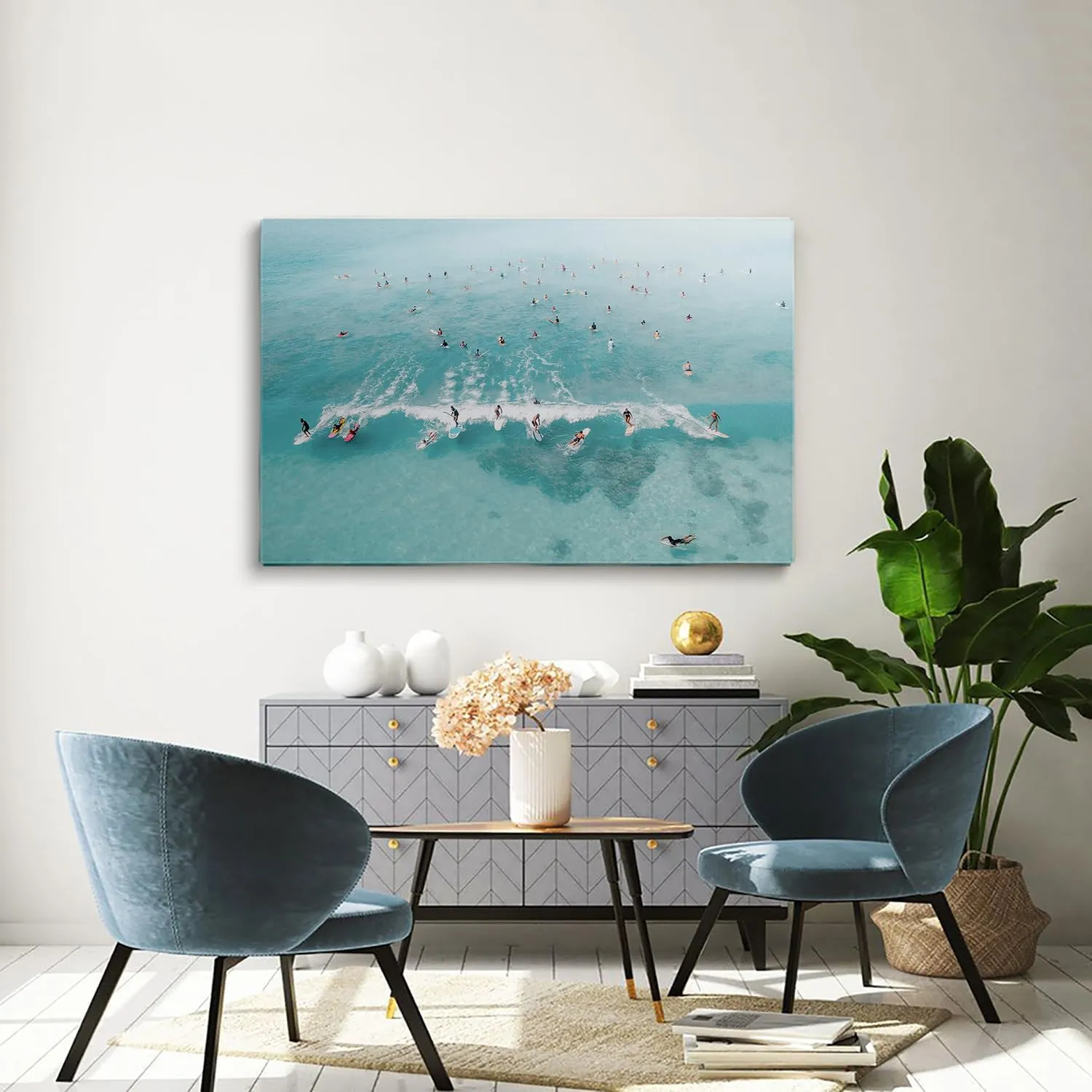 Aerial Surfing Wall Art,Surfers Posters,Ocean Canvas Wall,Aerial Beach Photography,Minimalist Surf Prints,Beach House Decor 12X16inch Unframed