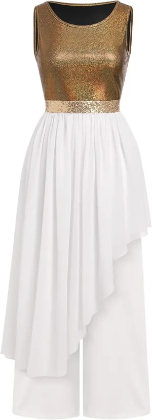 AFAVOM Praise Dance Dresses for Women Metallic Asymmetric Overlay Dress   Pants Worship Liturgical Dancewear Lyrical Costume