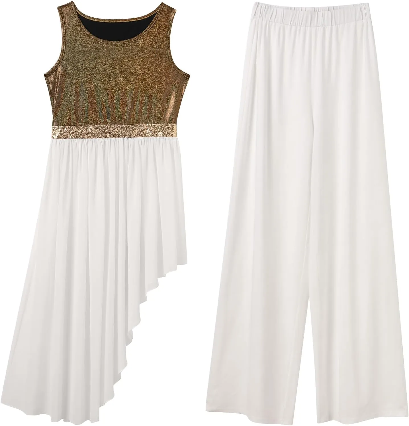 AFAVOM Praise Dance Dresses for Women Metallic Asymmetric Overlay Dress   Pants Worship Liturgical Dancewear Lyrical Costume