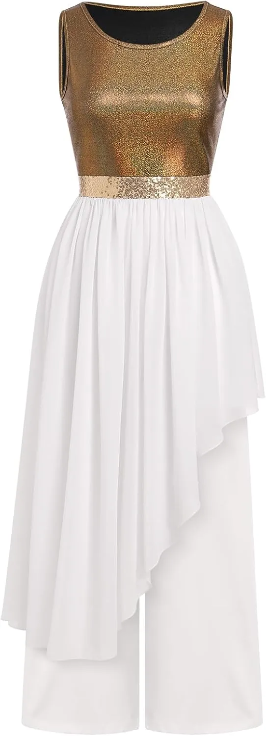 AFAVOM Praise Dance Dresses for Women Metallic Asymmetric Overlay Dress   Pants Worship Liturgical Dancewear Lyrical Costume
