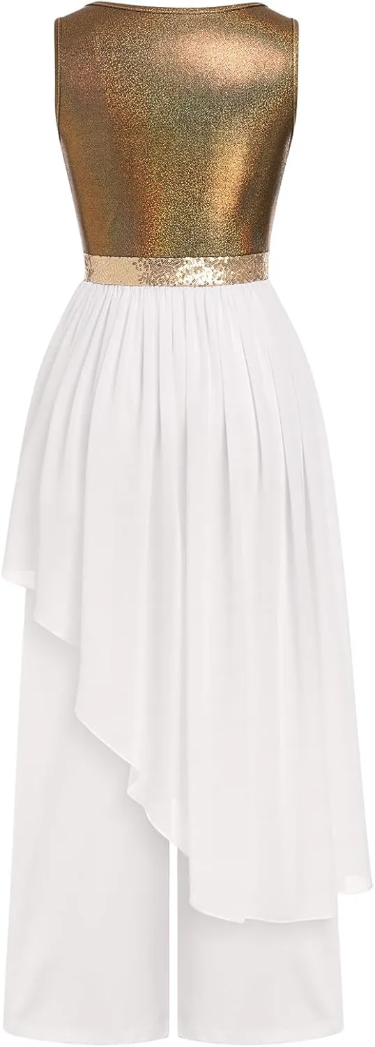AFAVOM Praise Dance Dresses for Women Metallic Asymmetric Overlay Dress   Pants Worship Liturgical Dancewear Lyrical Costume