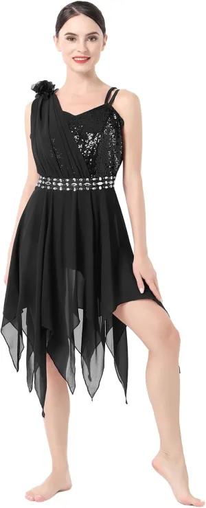 AFAVOM Women's Lyrical Dance Costume Sequin Flower Lyrical Dress Asymmetric Flowy Tulle Skirt Contemporary Dance Costumes