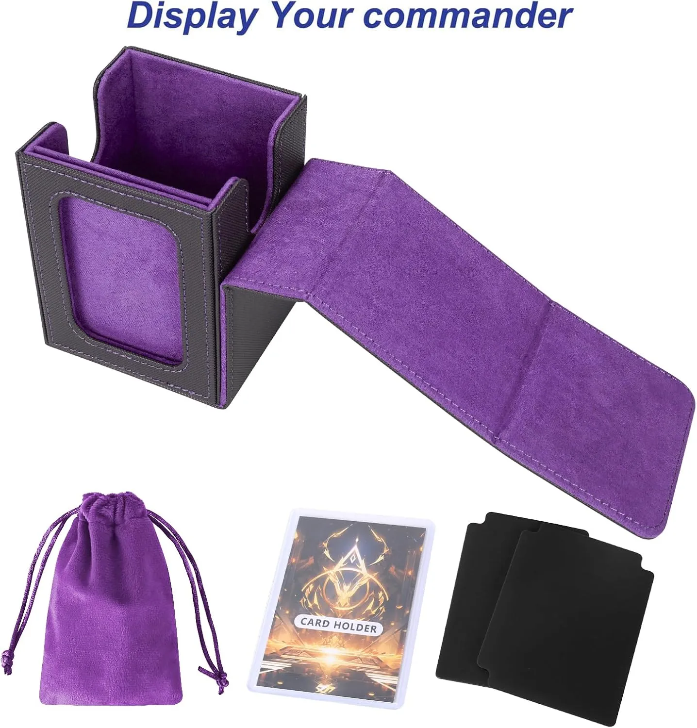 AFIING MTG Deck Box for Commander Display,Card Deck Box Fits 100 Double Sleeved Cards, Magic Commander TCG Card Storage Box with 2 Dividers,Drawstring Bag and 1 Toploader(Black/Purple)