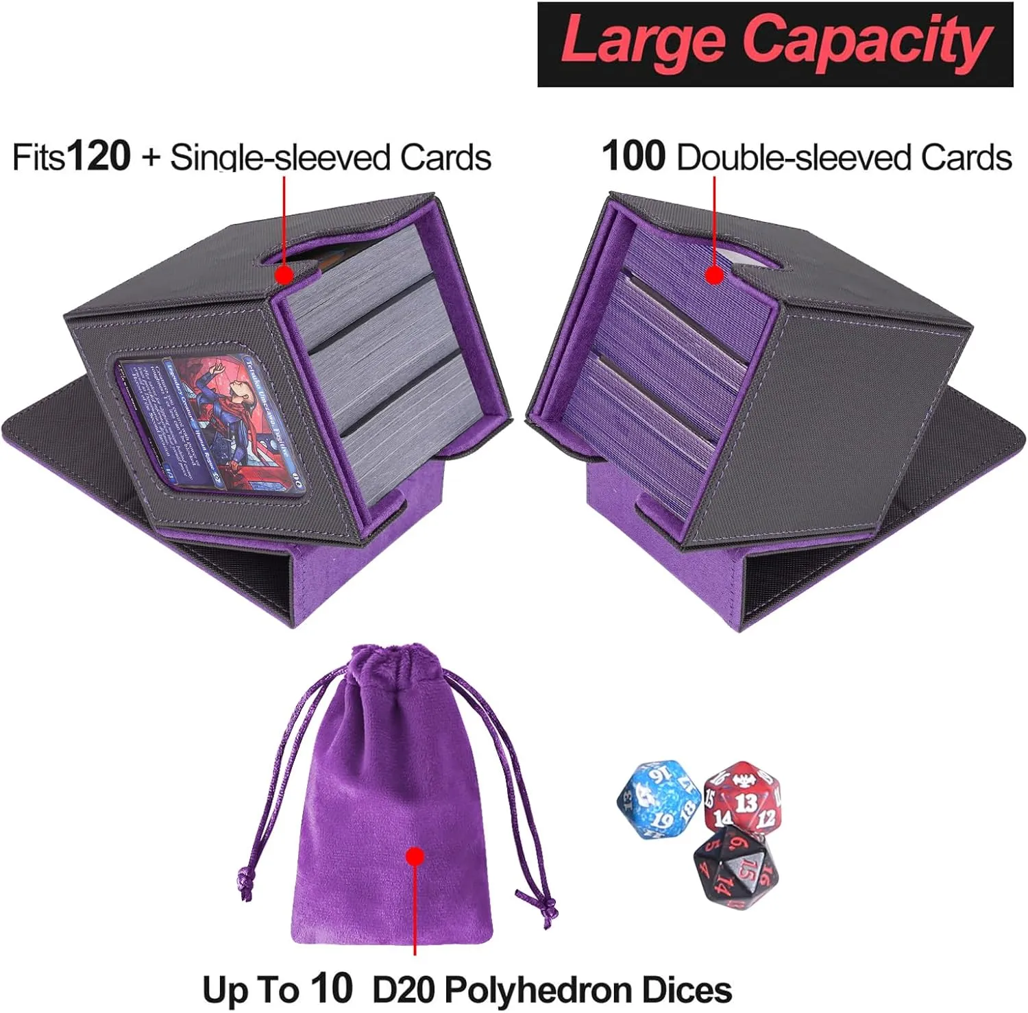 AFIING MTG Deck Box for Commander Display,Card Deck Box Fits 100 Double Sleeved Cards, Magic Commander TCG Card Storage Box with 2 Dividers,Drawstring Bag and 1 Toploader(Black/Purple)