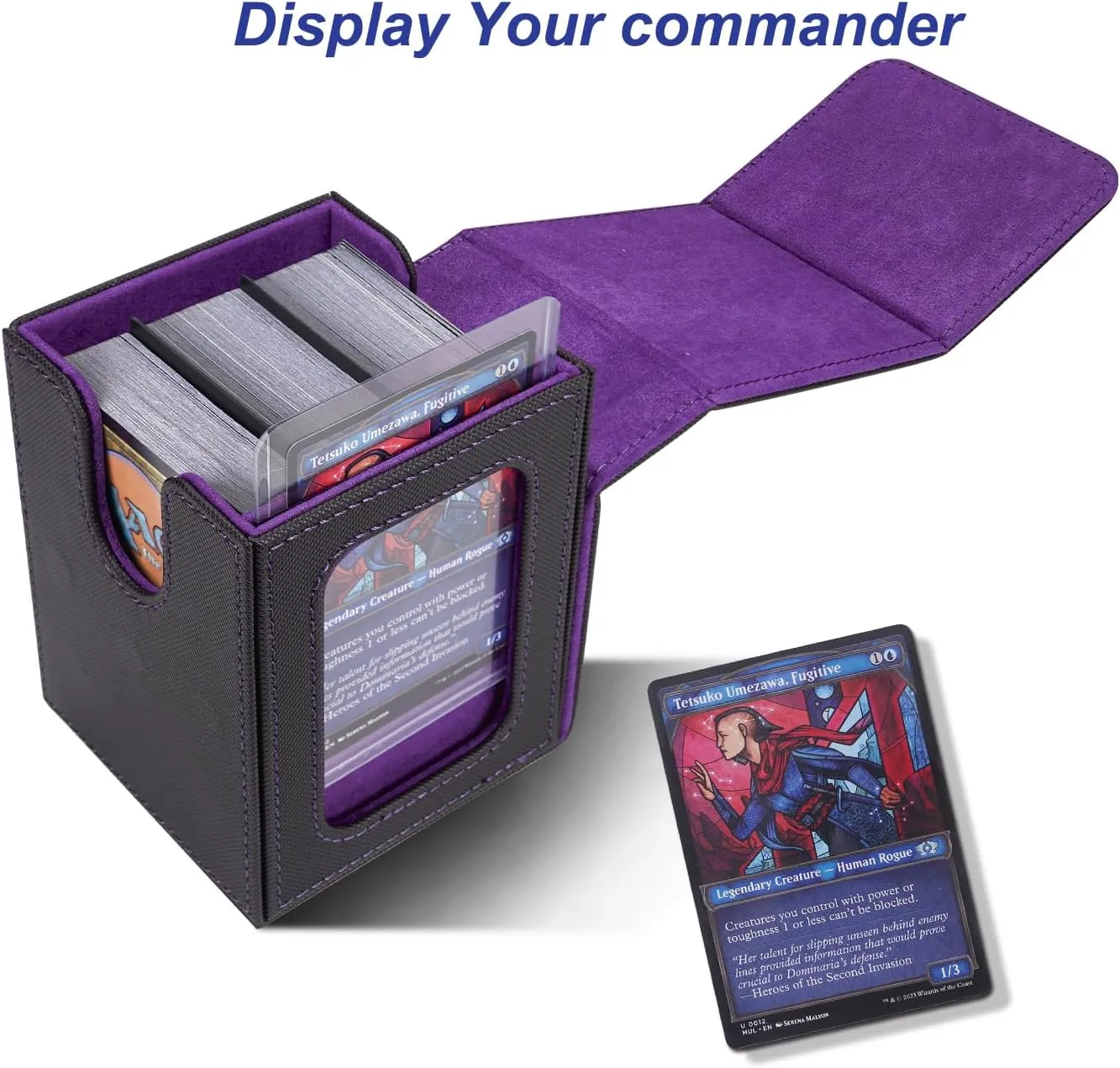 AFIING MTG Deck Box for Commander Display,Card Deck Box Fits 100 Double Sleeved Cards, Magic Commander TCG Card Storage Box with 2 Dividers,Drawstring Bag and 1 Toploader(Black/Purple)
