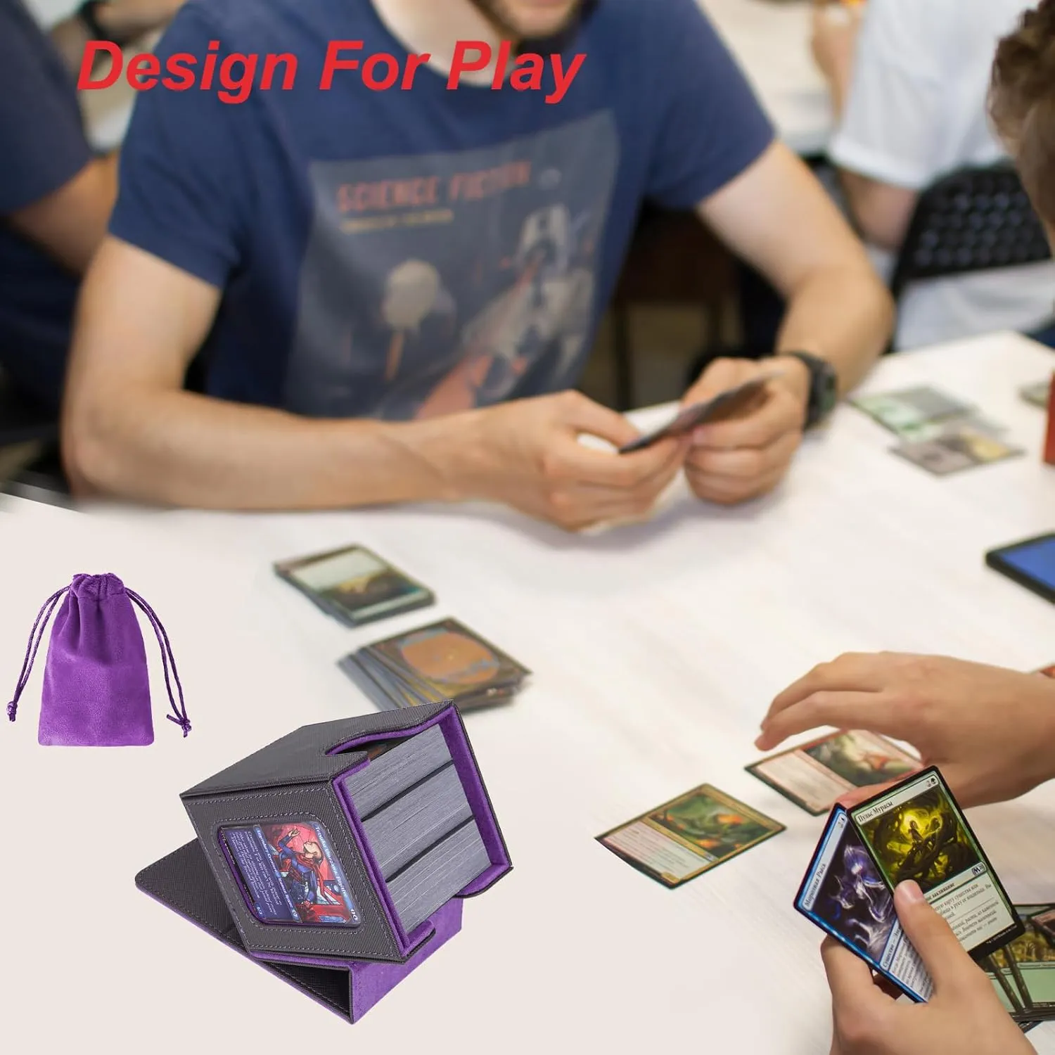 AFIING MTG Deck Box for Commander Display,Card Deck Box Fits 100 Double Sleeved Cards, Magic Commander TCG Card Storage Box with 2 Dividers,Drawstring Bag and 1 Toploader(Black/Purple)