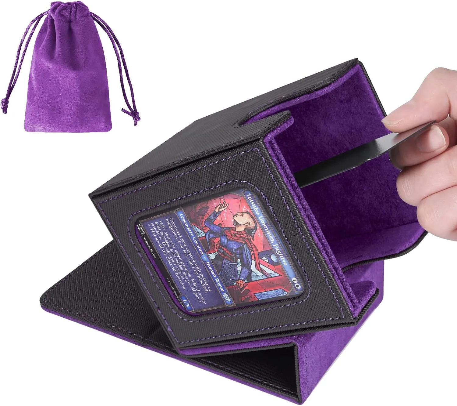 AFIING MTG Deck Box for Commander Display,Card Deck Box Fits 100 Double Sleeved Cards, Magic Commander TCG Card Storage Box with 2 Dividers,Drawstring Bag and 1 Toploader(Black/Purple)