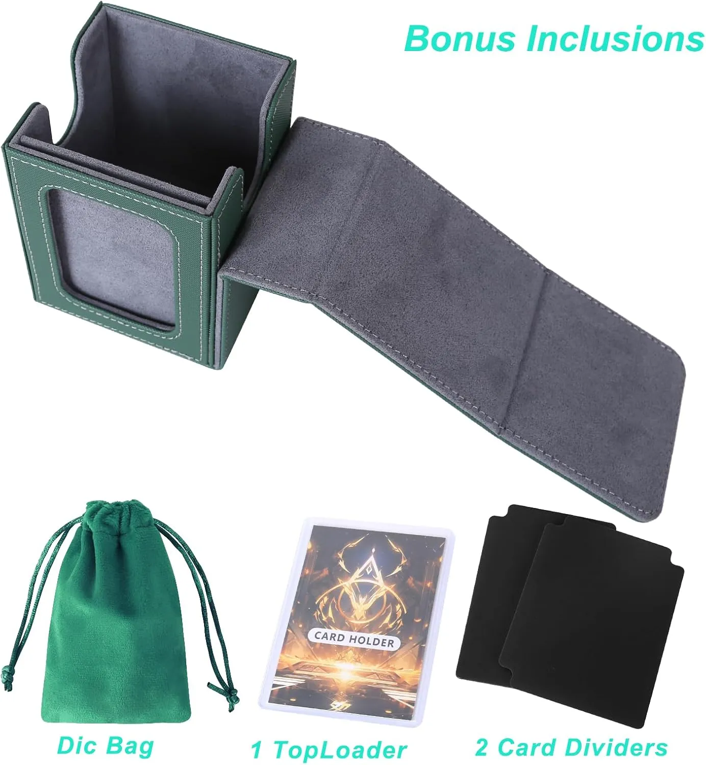 AFIING MTG Deck Box for Commander Display,Card Deck Box Fits 100 Double Sleeved Cards, Magic Commander TCG Card Storage case with 2 Dividers,Dice Bag and 1 Toploader(Green/Grey)