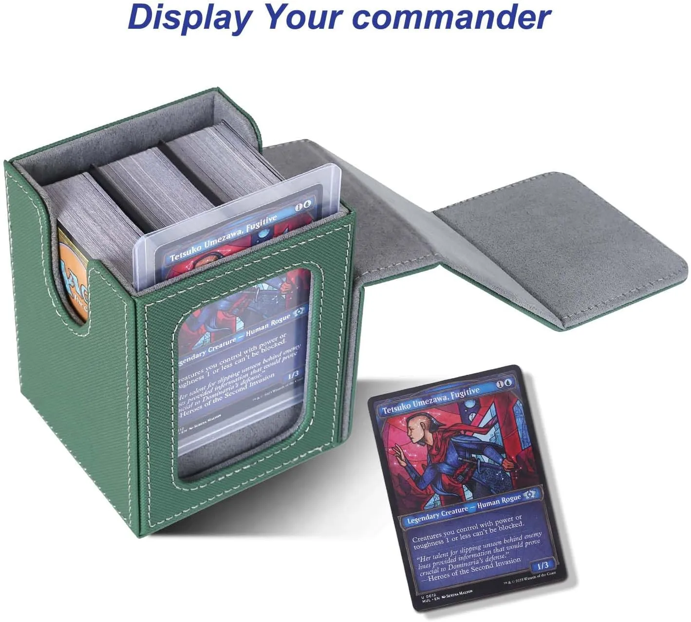 AFIING MTG Deck Box for Commander Display,Card Deck Box Fits 100 Double Sleeved Cards, Magic Commander TCG Card Storage case with 2 Dividers,Dice Bag and 1 Toploader(Green/Grey)