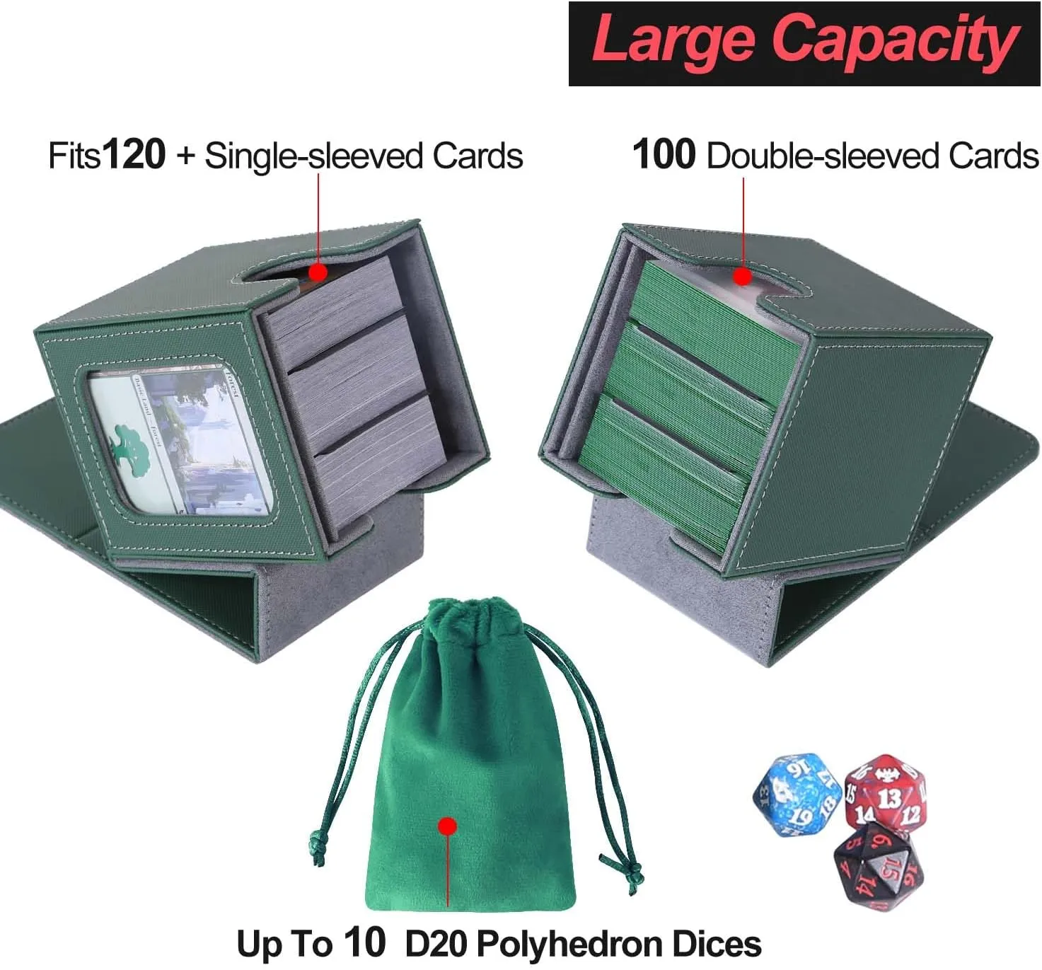 AFIING MTG Deck Box for Commander Display,Card Deck Box Fits 100 Double Sleeved Cards, Magic Commander TCG Card Storage case with 2 Dividers,Dice Bag and 1 Toploader(Green/Grey)