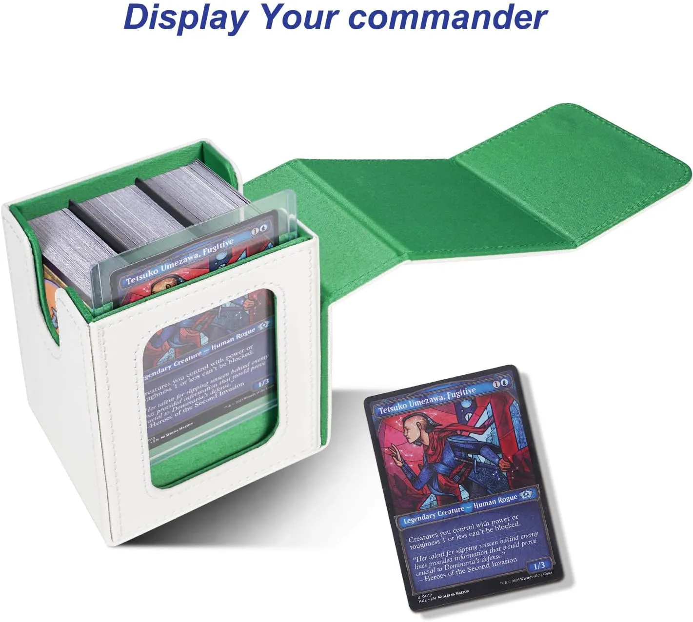 AFIING MTG Deck Box for Commander Display,Card Deck case Fits 100 Double Sleeved Cards, Magic Commander TCG Card Storage Box with 2 Dividers,Dice Bag and 1 Toploader(Whtie Green)