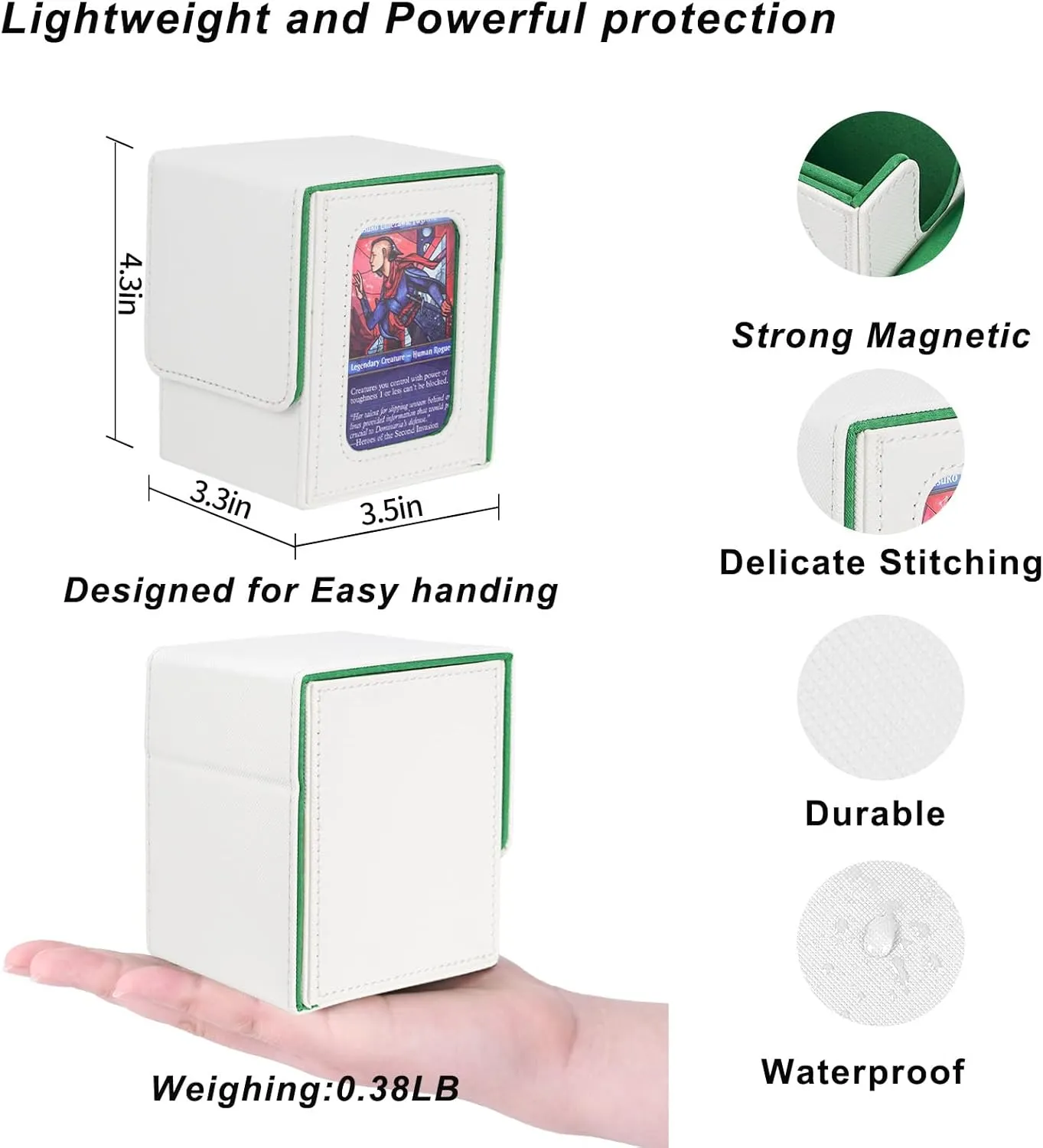 AFIING MTG Deck Box for Commander Display,Card Deck case Fits 100 Double Sleeved Cards, Magic Commander TCG Card Storage Box with 2 Dividers,Dice Bag and 1 Toploader(Whtie Green)