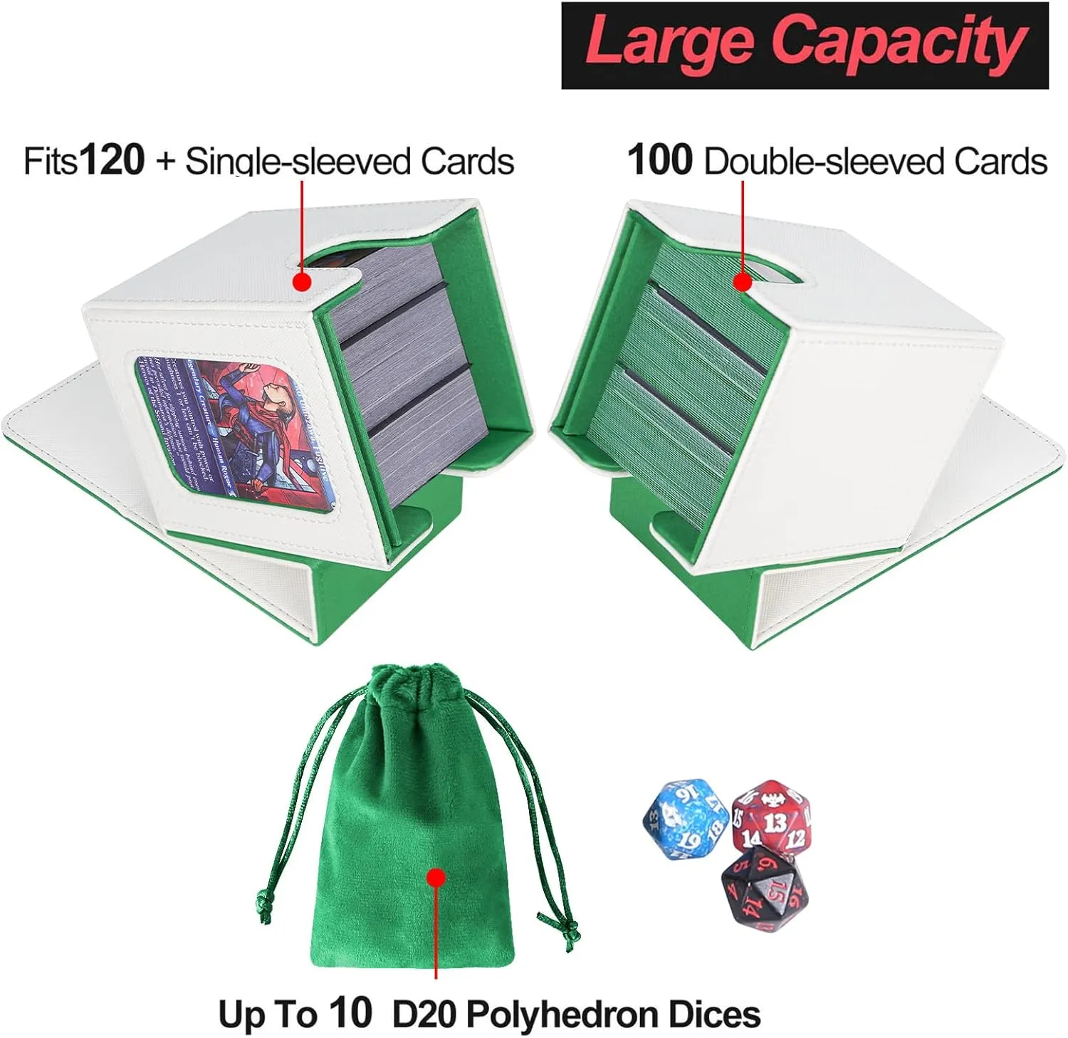 AFIING MTG Deck Box for Commander Display,Card Deck case Fits 100 Double Sleeved Cards, Magic Commander TCG Card Storage Box with 2 Dividers,Dice Bag and 1 Toploader(Whtie Green)