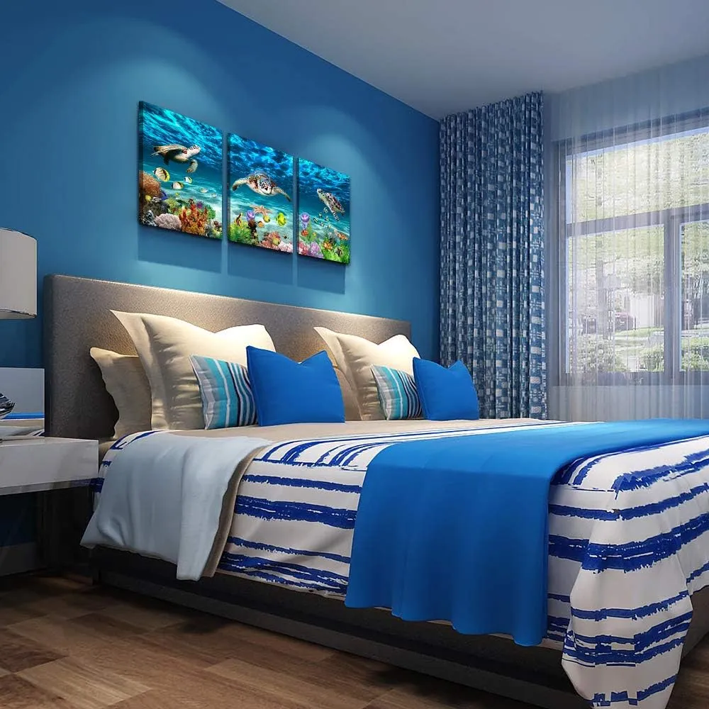 AHUASJART Canvas Wall Art for Living Room family Wall decor for Bedroom Bathroom Wall Decoration blue Ocean Sea Turtle Paintings Modern shark Pictures Artwork office Ready to Hang 12" x 16" 3 Piece