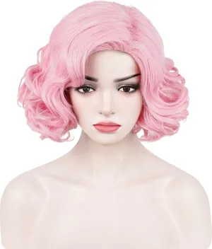 Aicos Vintage Wavy 1950s Pink Wig for Women Short Curly Pink Housewife Costume Wig for Halloween Party Cosplay Wig Cap