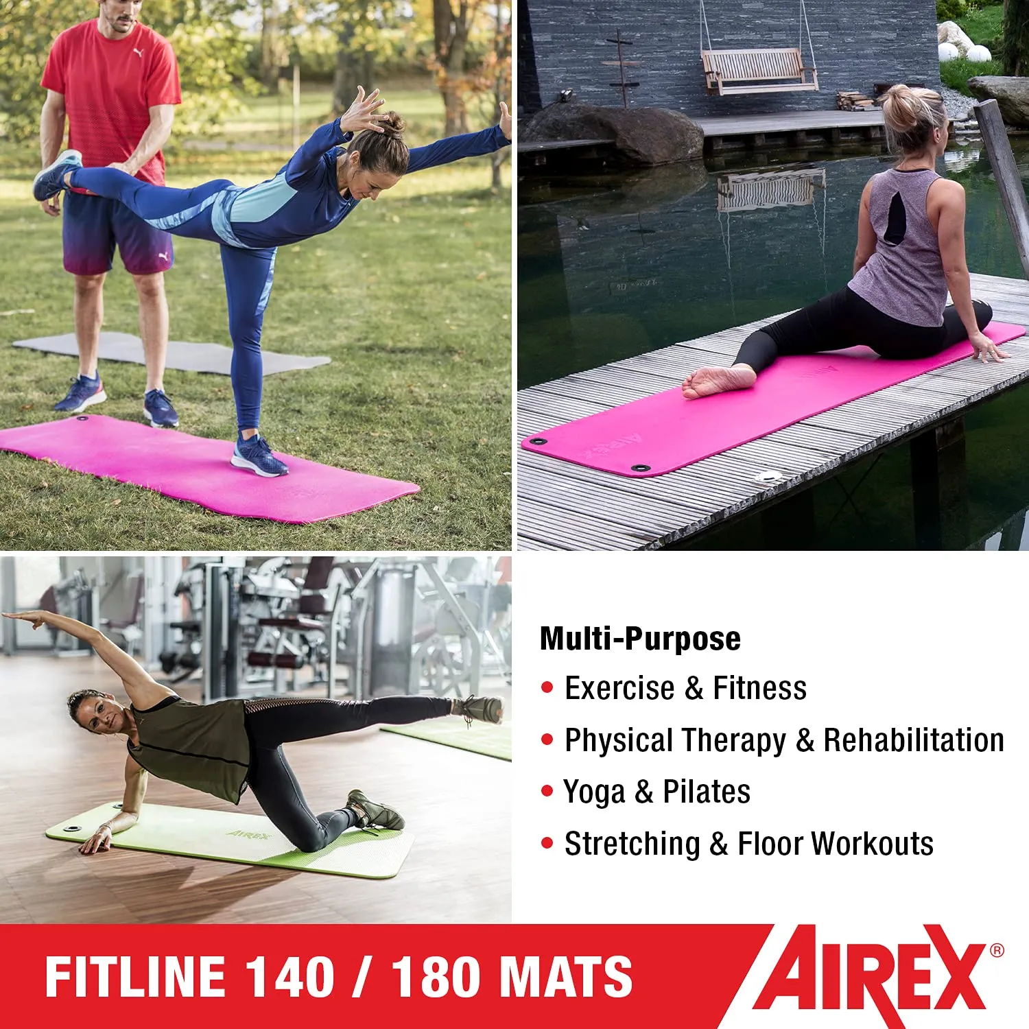 AIREX Fitline 180 Premium Exercise Mat - Home Workout Mat for Rehabilitation, Strength Training, Water Aerobics, Exercise, Fitness, Home Workouts 56" x 23", Lime, With Hanging Grommets