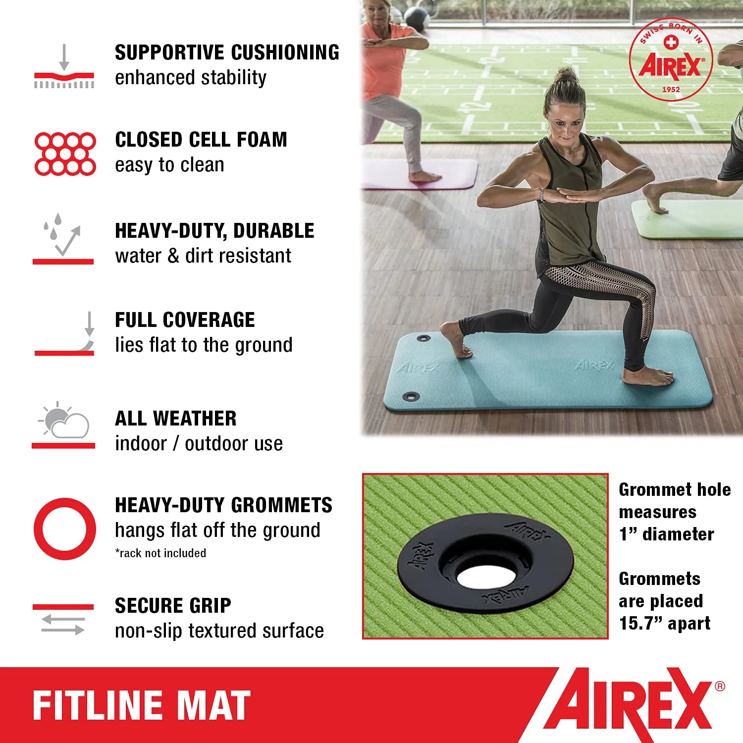 AIREX Fitline 180 Premium Exercise Mat - Home Workout Mat for Rehabilitation, Strength Training, Water Aerobics, Exercise, Fitness, Home Workouts 56" x 23", Lime, With Hanging Grommets