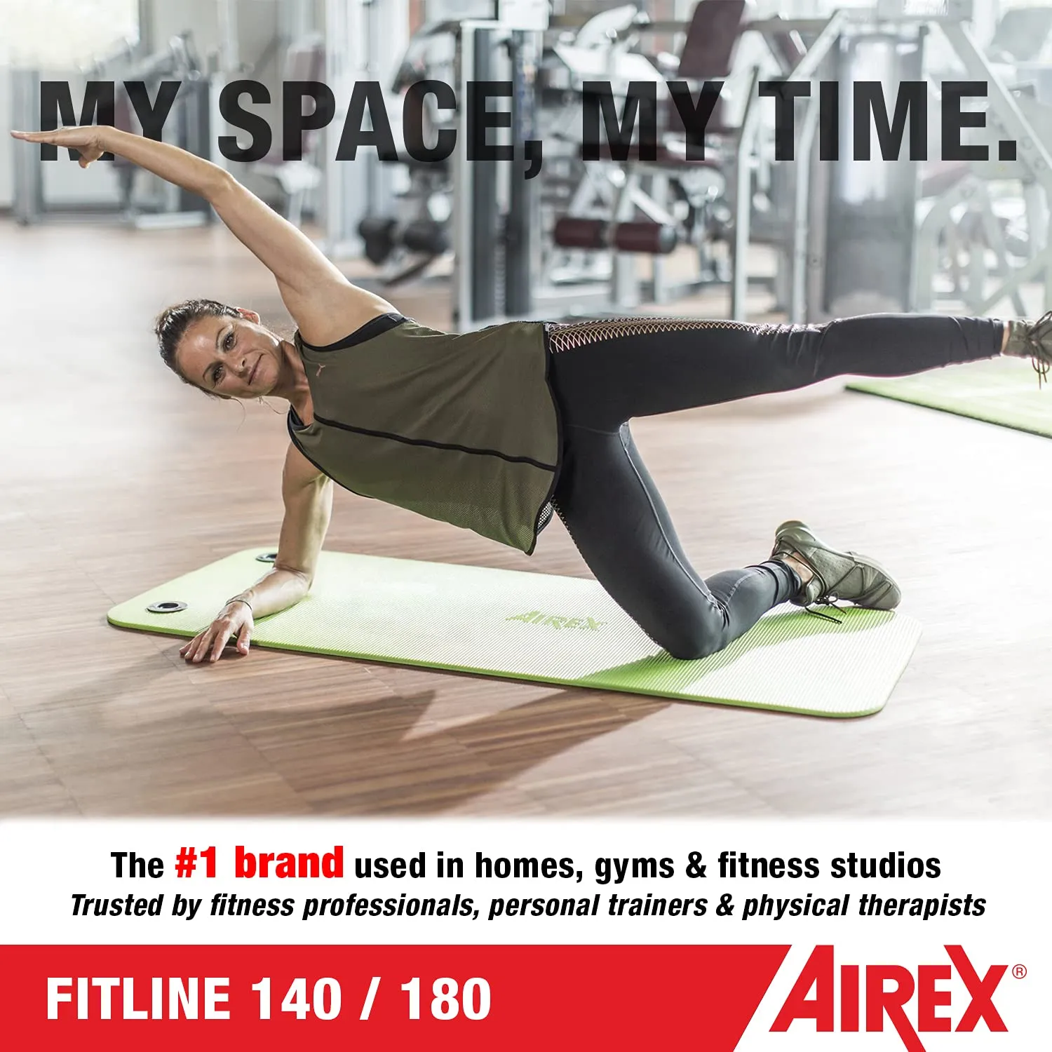 AIREX Fitline 180 Premium Exercise Mat - Home Workout Mat for Rehabilitation, Strength Training, Water Aerobics, Exercise, Fitness, Home Workouts 56" x 23", Lime, With Hanging Grommets