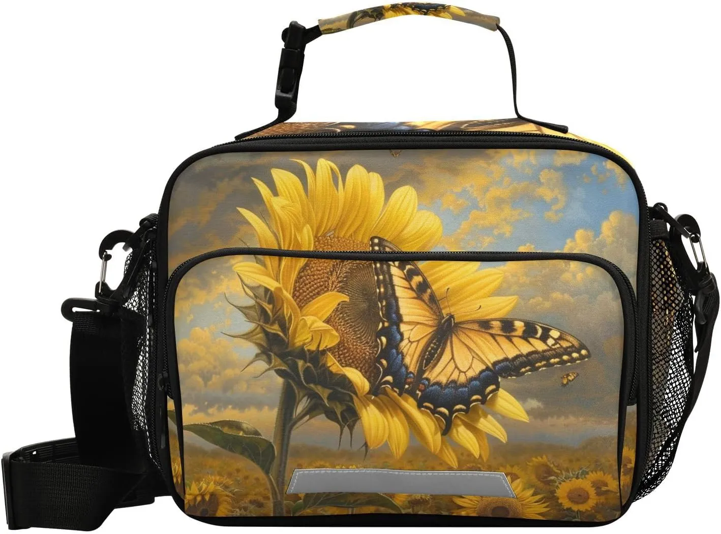ALAZA Butterfly on The Sunflower Field Insulated Lunch Bag Portable Reusable Cooler Lunch Tote Bag with Shoulder Strap for Women Men Work Office Picnic College