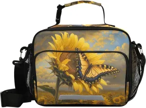 ALAZA Butterfly on The Sunflower Field Insulated Lunch Bag Portable Reusable Cooler Lunch Tote Bag with Shoulder Strap for Women Men Work Office Picnic College