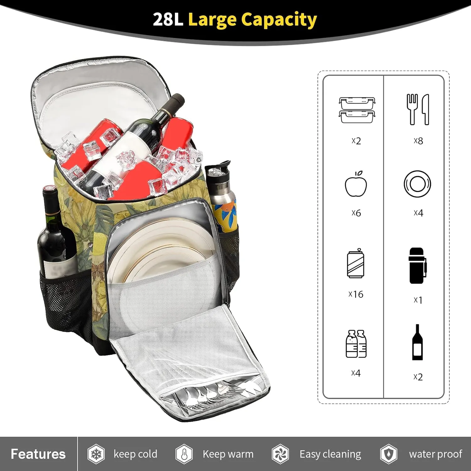 ALAZA Cooler Backpack Reusable Insulated Lunch Bag with Adjustable Shoulder Strap for Women Men Picnic Work College Hiking Camping Office Beach