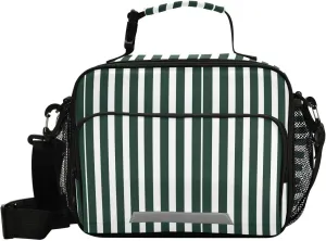 ALAZA Deep Green White Stripes Insulated Lunch Bag Portable Reusable Cooler Lunch Tote Bag with Shoulder Strap for Women Men Work Office Picnic College