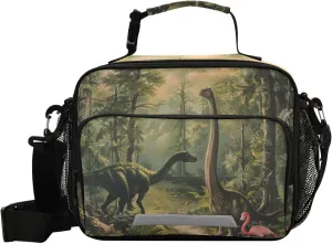 ALAZA Dinosaur and Flamingo in The Forest Insulated Lunch Bag Portable Reusable Cooler Lunch Tote Bag with Shoulder Strap for Women Men Work Office Picnic College