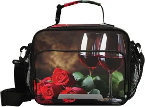 ALAZA Red Roses Flowers Wine Glasses Insulated Lunch Bag Portable Reusable Cooler Lunch Tote Bag with Shoulder Strap for Women Men Work Office Picnic College
