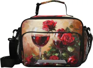 ALAZA Retro Red Roses Flowers Wine Glasses Insulated Lunch Bag Portable Reusable Cooler Lunch Tote Bag with Shoulder Strap for Women Men Work Office Picnic College