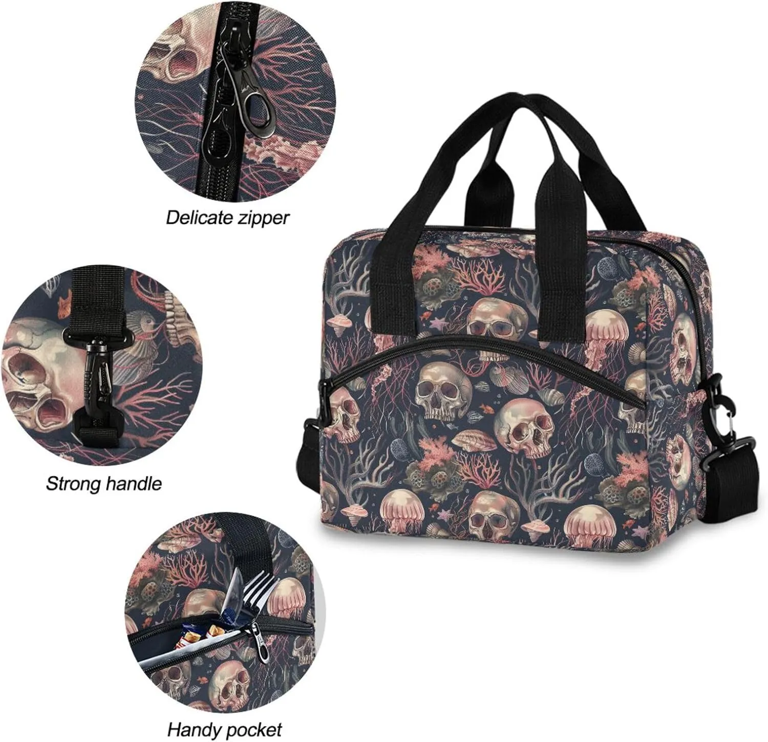 ALAZA Skulls and Jellyfish Insulated Lunch Bag Women Men Portable Reusable Cooler Lunch Tote Bag for Work Office Picnic College