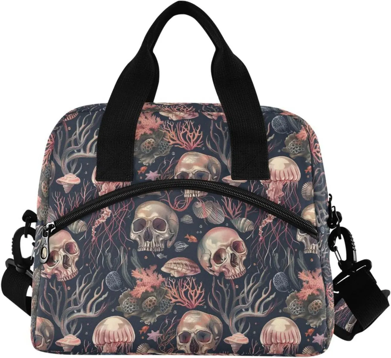 ALAZA Skulls and Jellyfish Insulated Lunch Bag Women Men Portable Reusable Cooler Lunch Tote Bag for Work Office Picnic College