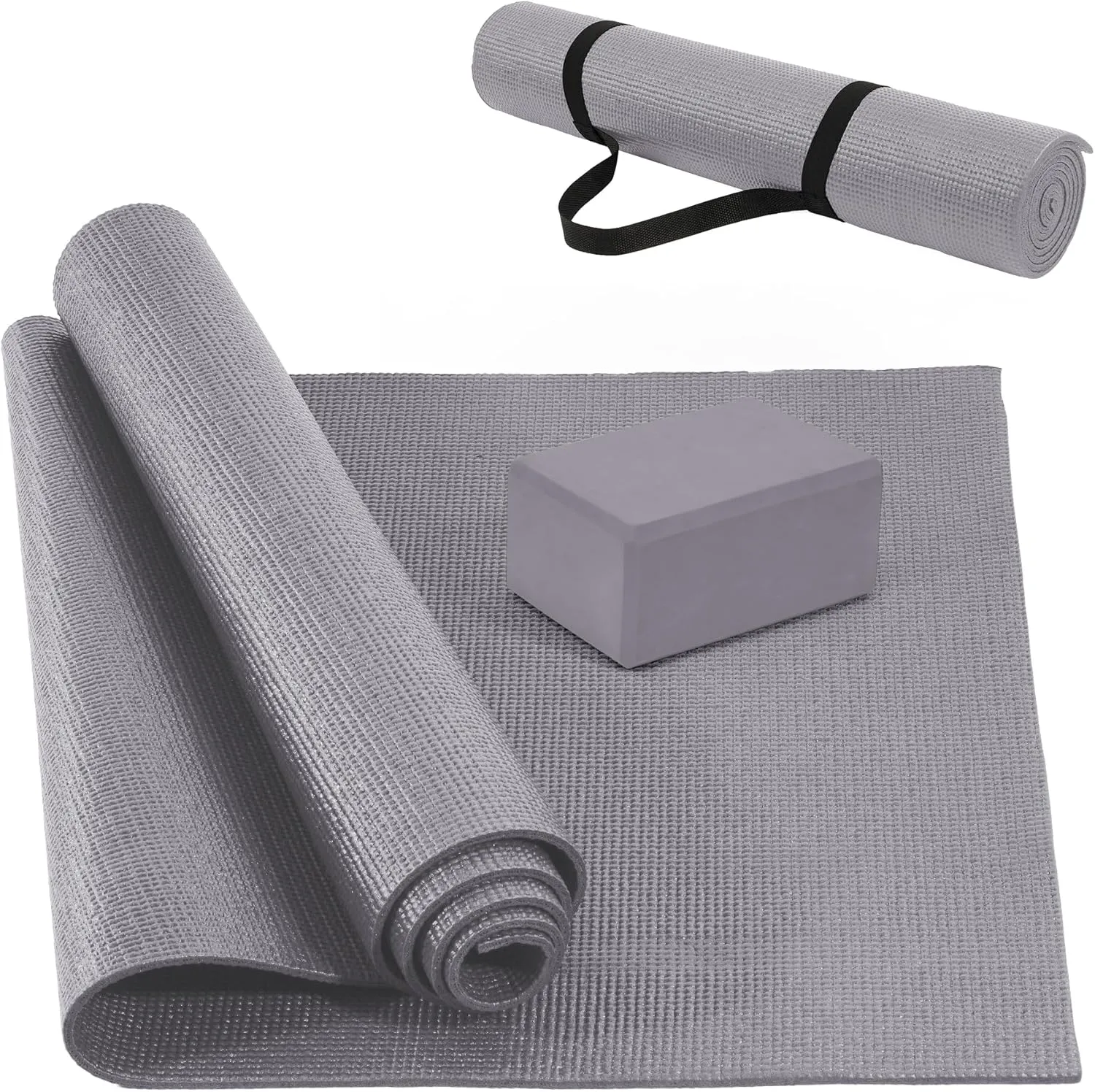 All Purpose 1/4-Inch High Density Anti-Tear Exercise Yoga Mat with Carrying Strap and Yoga Blocks, Gray